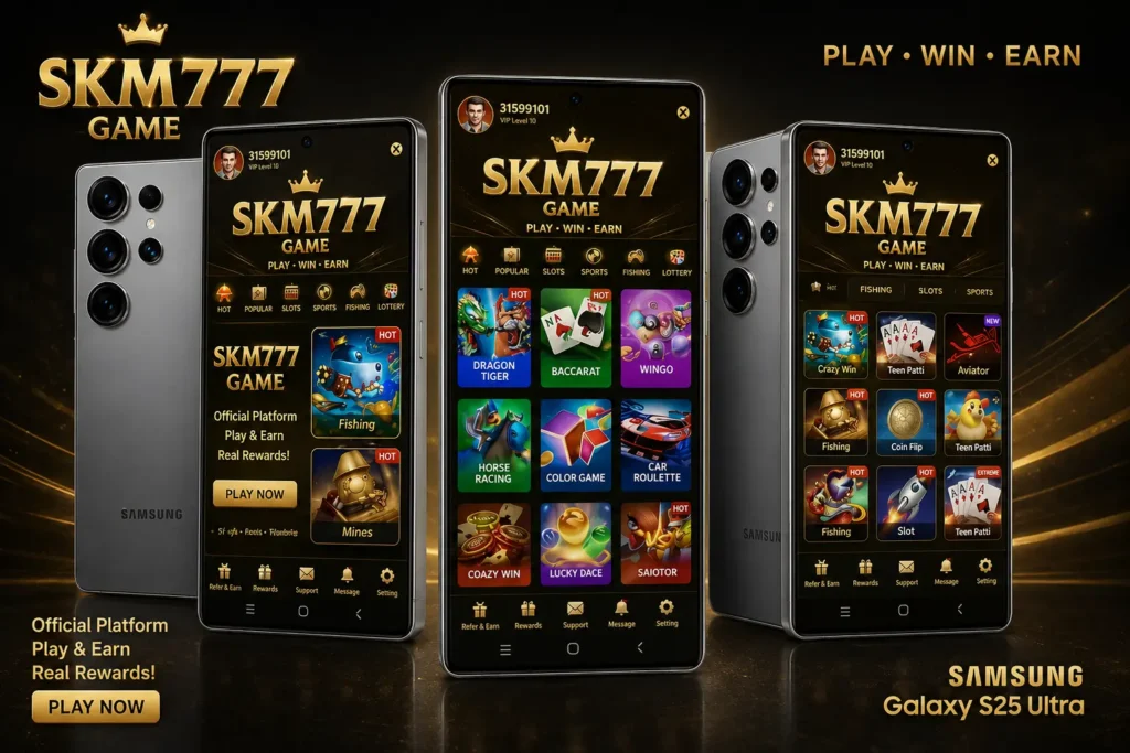 SKM777 Game promotional image featuring three Samsung Galaxy S25 Ultra smartphones displaying casino-style games including Dragon Tiger, Baccarat, Wingo, Fishing, Aviator, and Teen Patti.