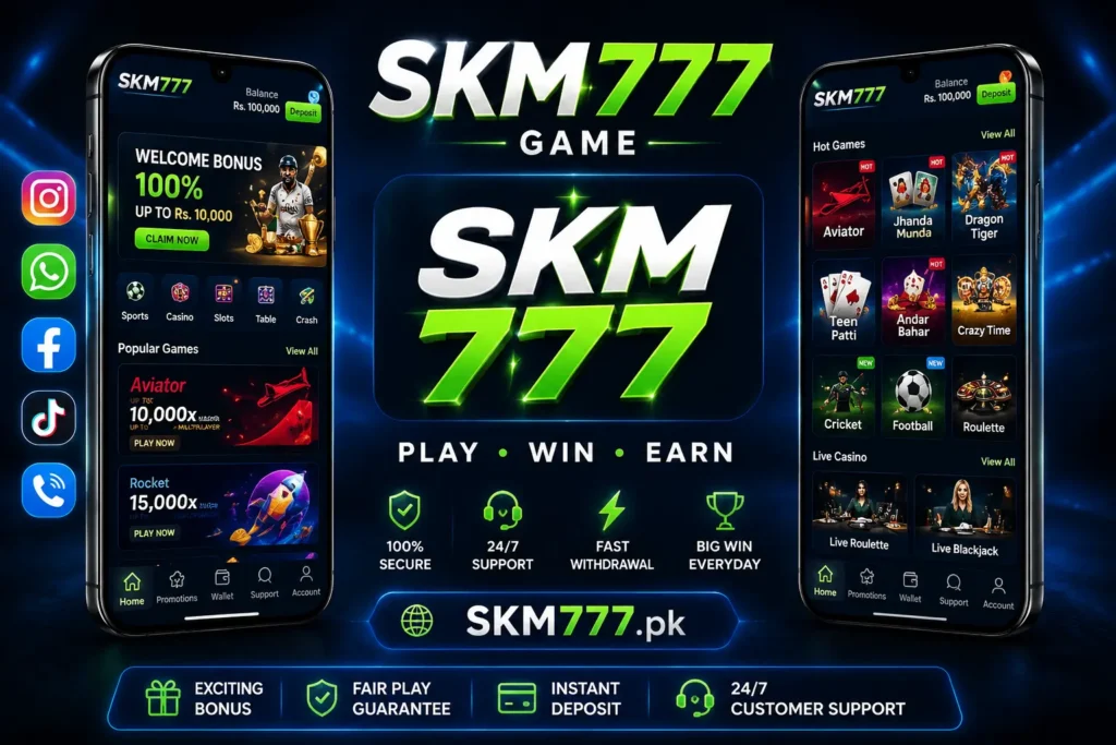 SKM777 Game promotional banner showing two smartphones with the SKM777 gaming app interface, casino games, welcome bonus offers, secure payments, and fast withdrawal features.