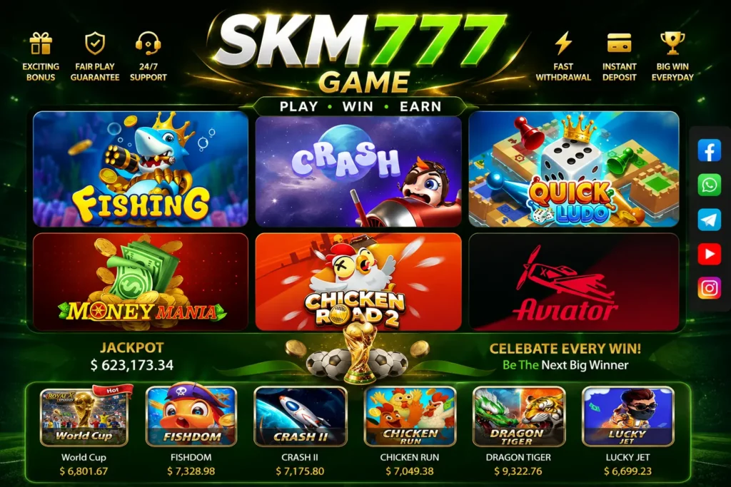 SKM777 Game banner featuring popular games including Fishing, Crash, Quick Ludo, Money Mania, Chicken Road 2, Aviator, Dragon Tiger, Fishdom, and Lucky Jet with bonus and jackpot offers.